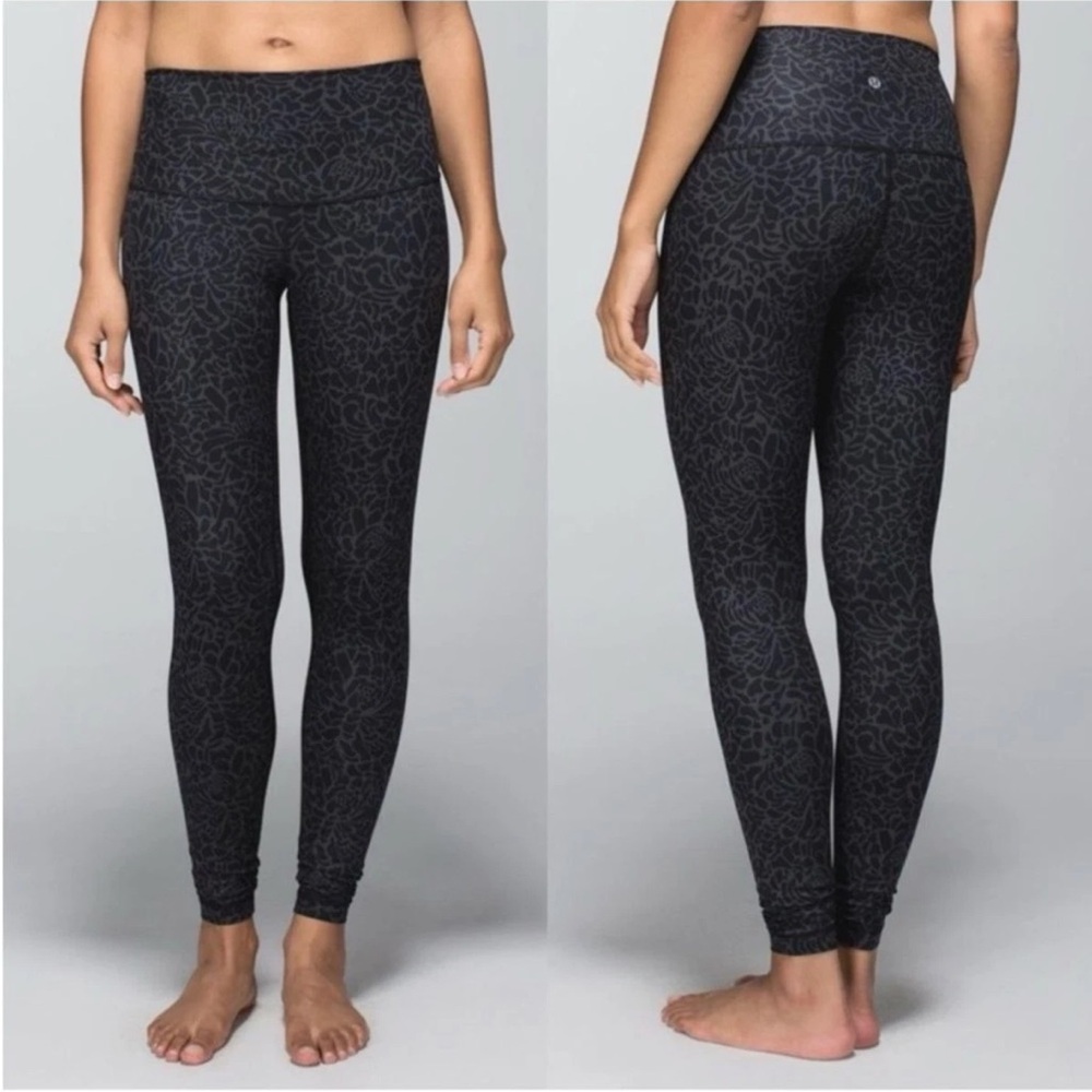 Lululemon Wunder Under Leggings Roll Down Waist, Black Grey Floral Size 4, 26”